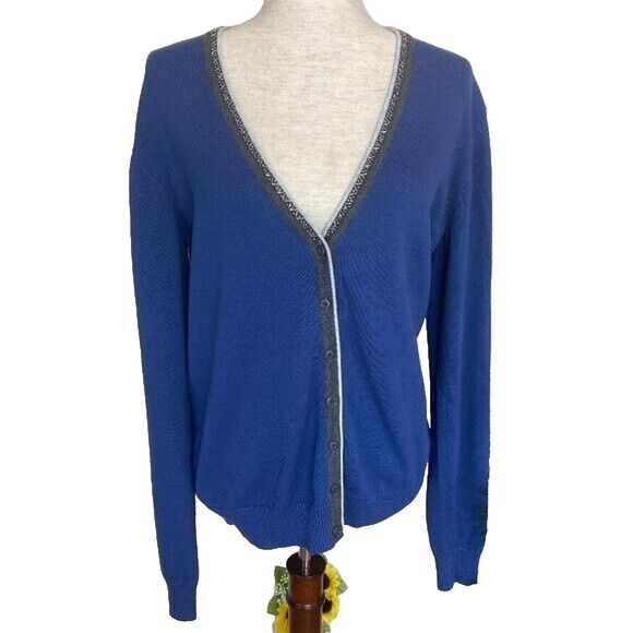 Cardigan Sweater by Pierri New York, Blue Cardigan with Bling Trim, Med - Picture 2 of 10